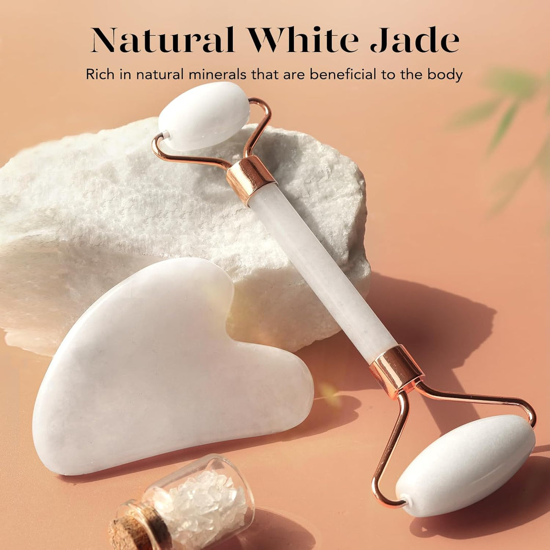 Self-care jade roller & Gua Sha facial tool set for relaxation, beauty, & lymphatic drainage.