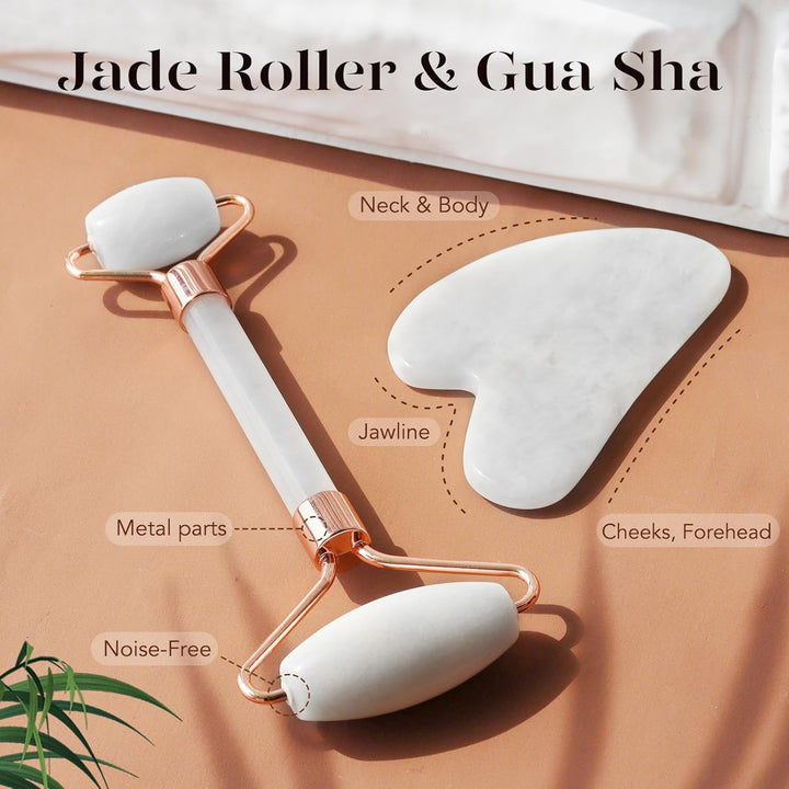 Professional-grade jade roller & Gua Sha for home skincare, instant glow & anti-aging benefits.