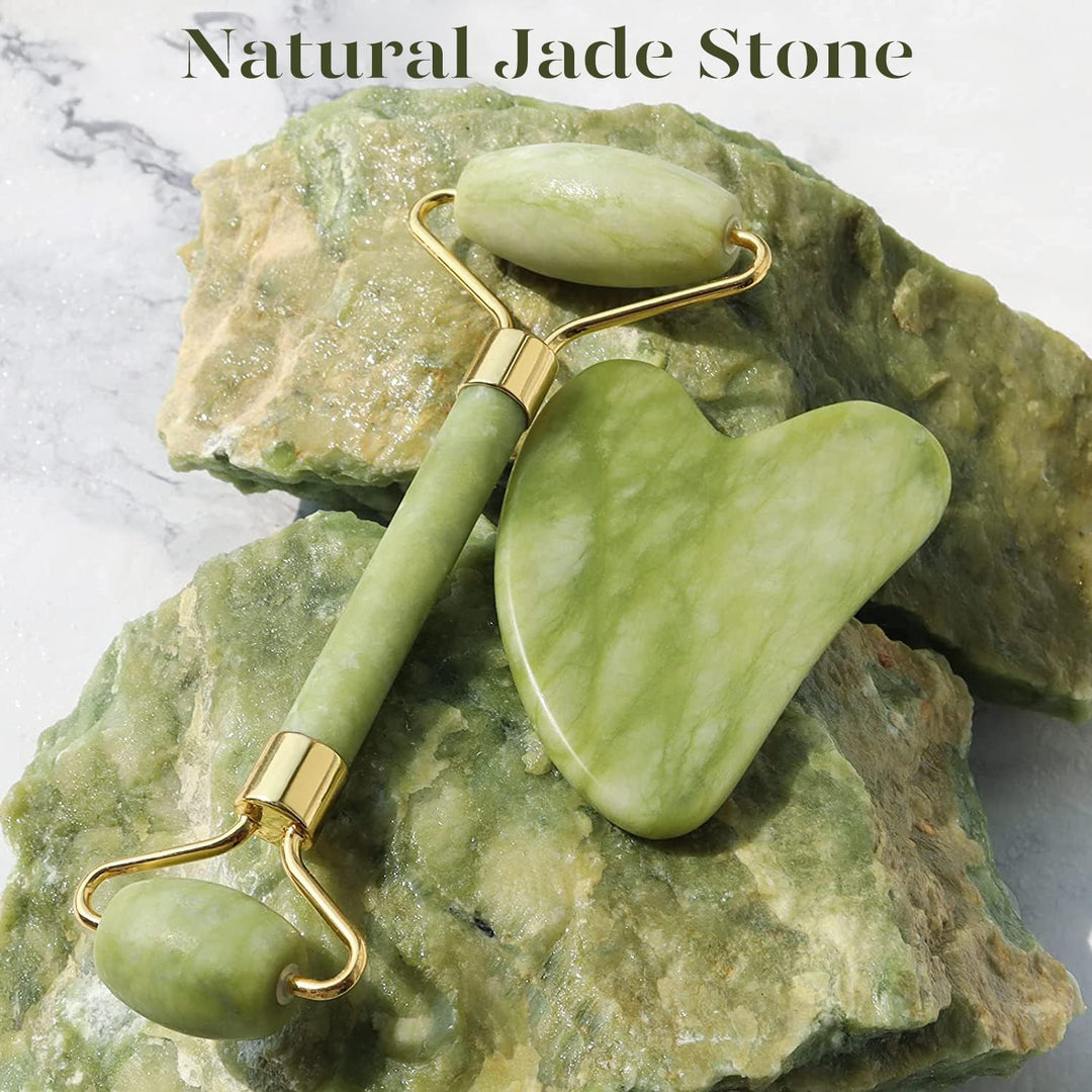 Natural jade stone Gua Sha & facial roller set for radiant skin, beauty routine, & self-care.