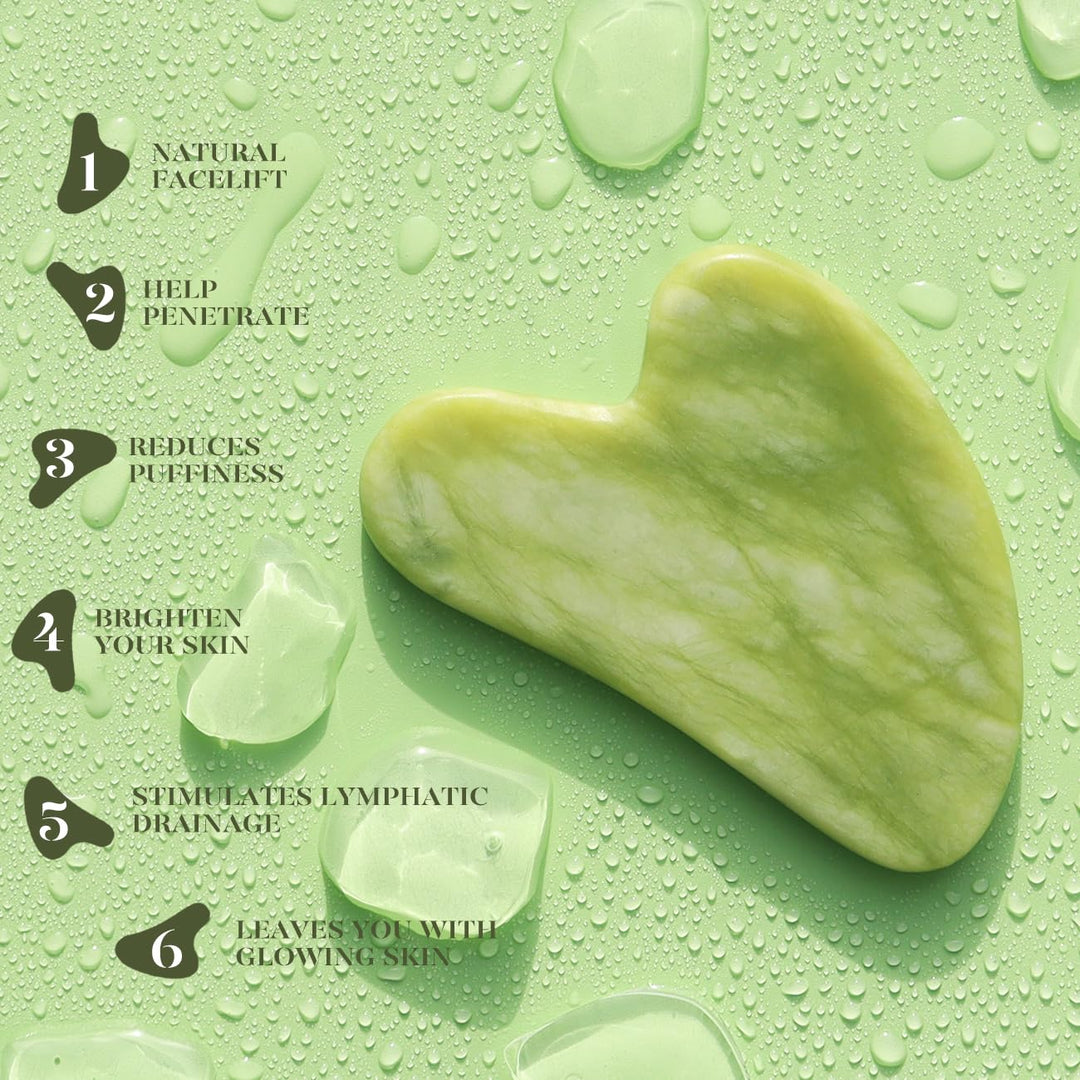 Instant Glow Skincare Set: Jade Roller & Gua Sha tools for invigorating face massage & lymphatic drainage.