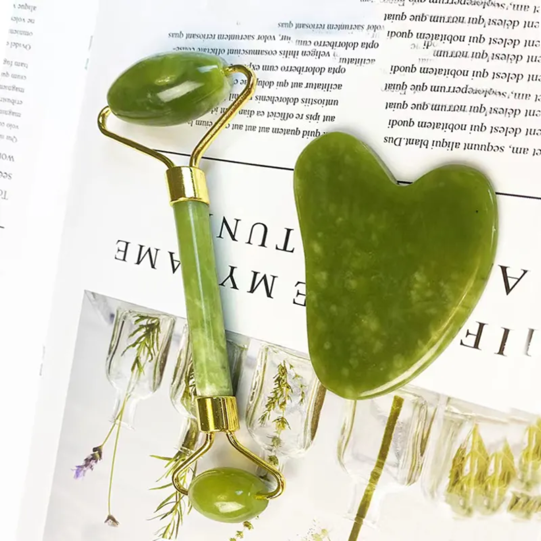 Unisex Gua Sha & Jade Roller beauty set for soothing face massage, lymphatic drainage & instant glow.