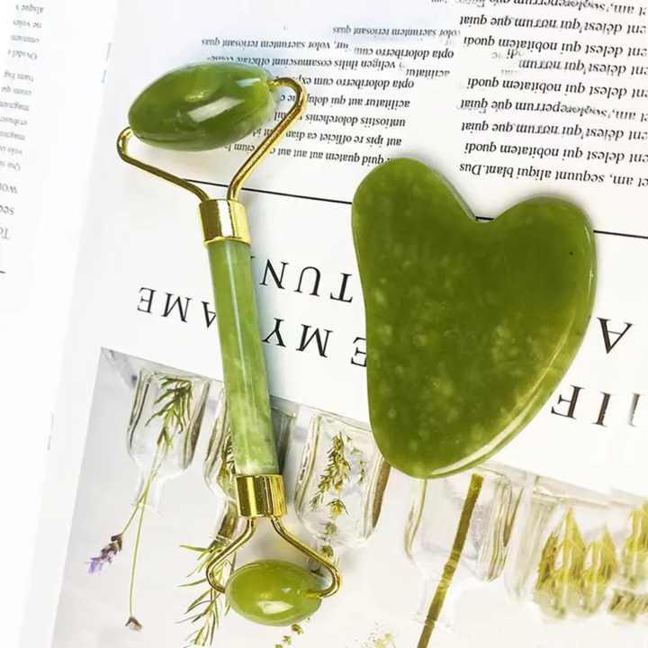 Unisex Gua Sha & Jade Roller beauty set for soothing face massage, lymphatic drainage & instant glow.
