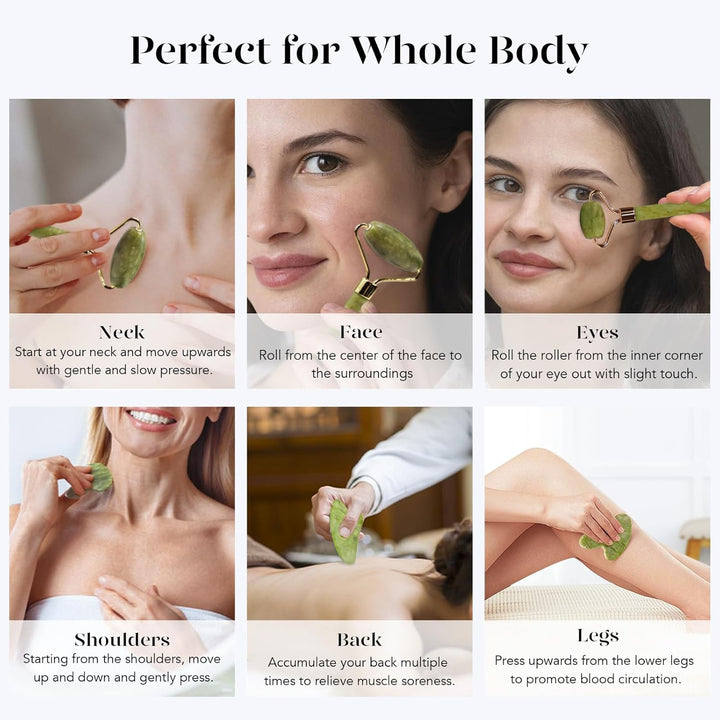 Achieve instant glow with this unisex jade roller & Gua Sha set for improved circulation & beauty.