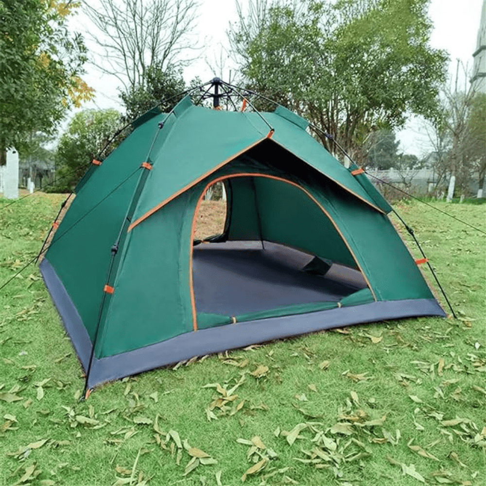 Unisex instant pop-up camping tent in dark green, perfect for outdoor hiking and festival shelter.