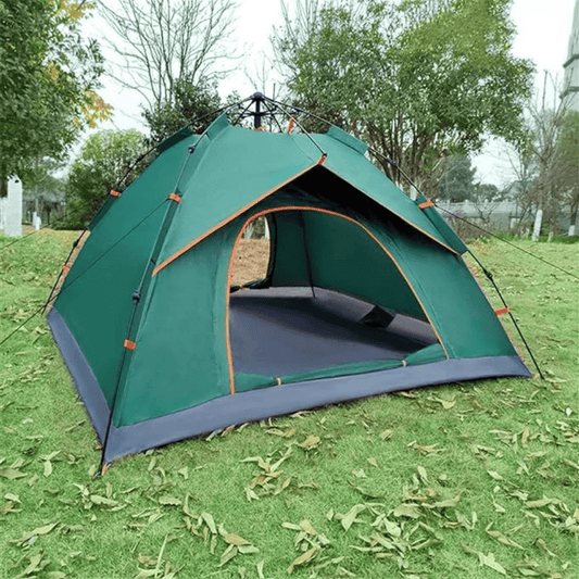 Unisex instant pop-up camping tent in dark green, perfect for outdoor hiking and festival shelter.