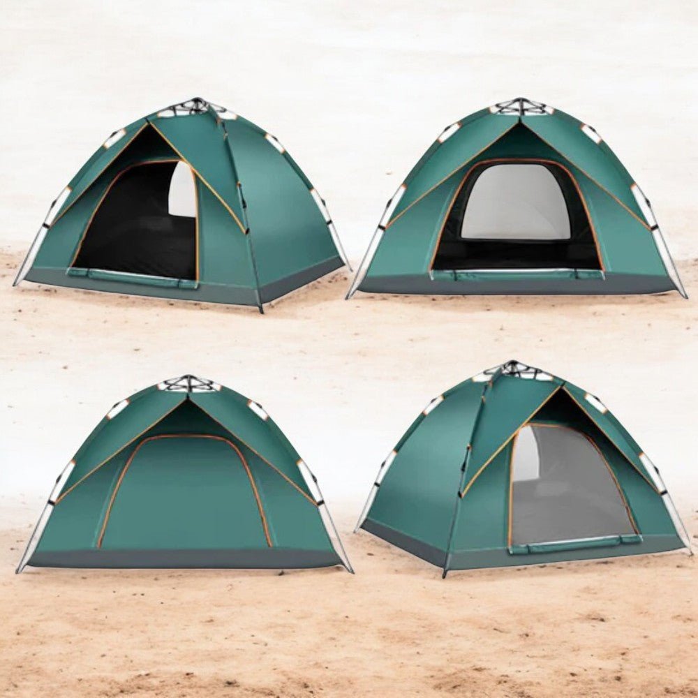 Portable pop-up tent, grey and orange, set up in a lush forest clearing for quick camping.
