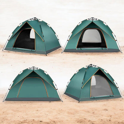 Portable pop-up tent, grey and orange, set up in a lush forest clearing for quick camping.