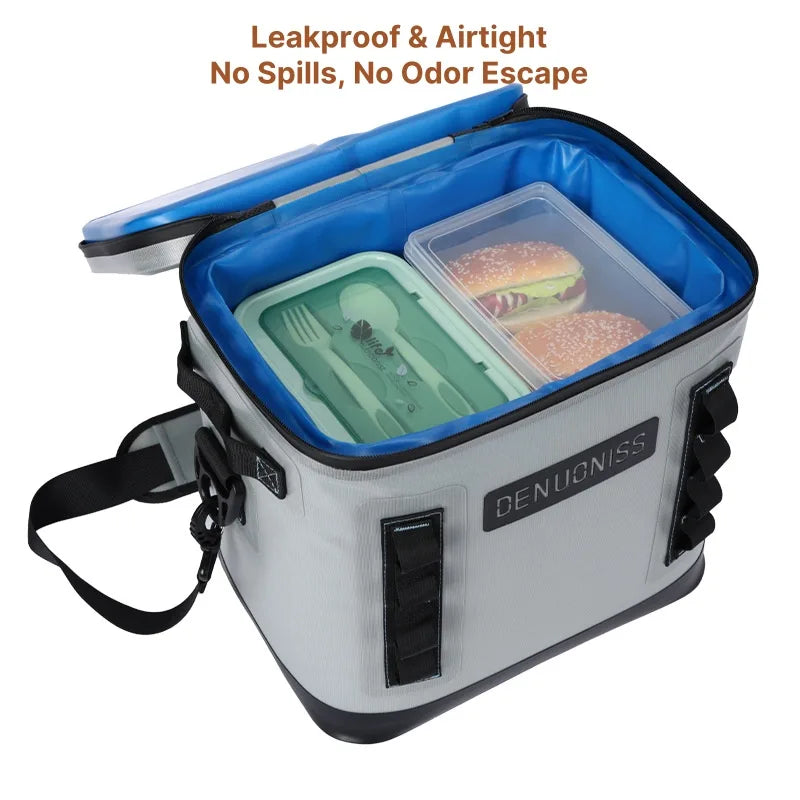 Airtight insulated cooler bag, robust design for camping storage and outdoor activities