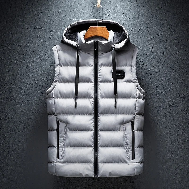 Stretch alpine vest with detachable hood, offering flexible warmth for men & women in cold weather.
