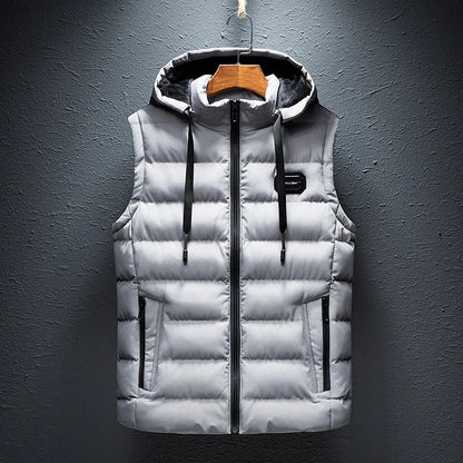 Stretch alpine vest with detachable hood, offering flexible warmth for men & women in cold weather.