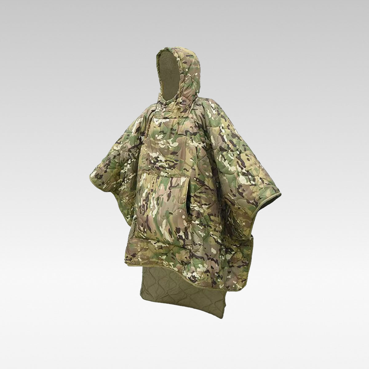 Unisex insulated camouflage wearable poncho, brown & green, for hunting & camping in cold weather