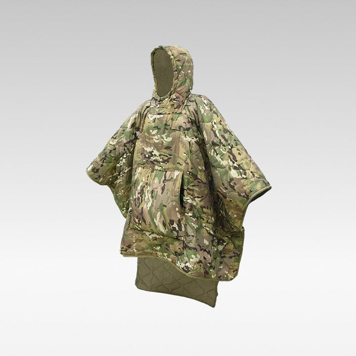Unisex insulated camouflage wearable poncho, brown & green, for hunting & camping in cold weather