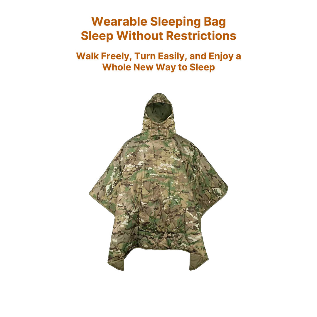 Packable camouflage outdoor poncho, insulated for cold season, suitable for hunting & camping
