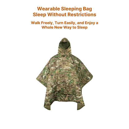 Packable camouflage outdoor poncho, insulated for cold season, suitable for hunting & camping