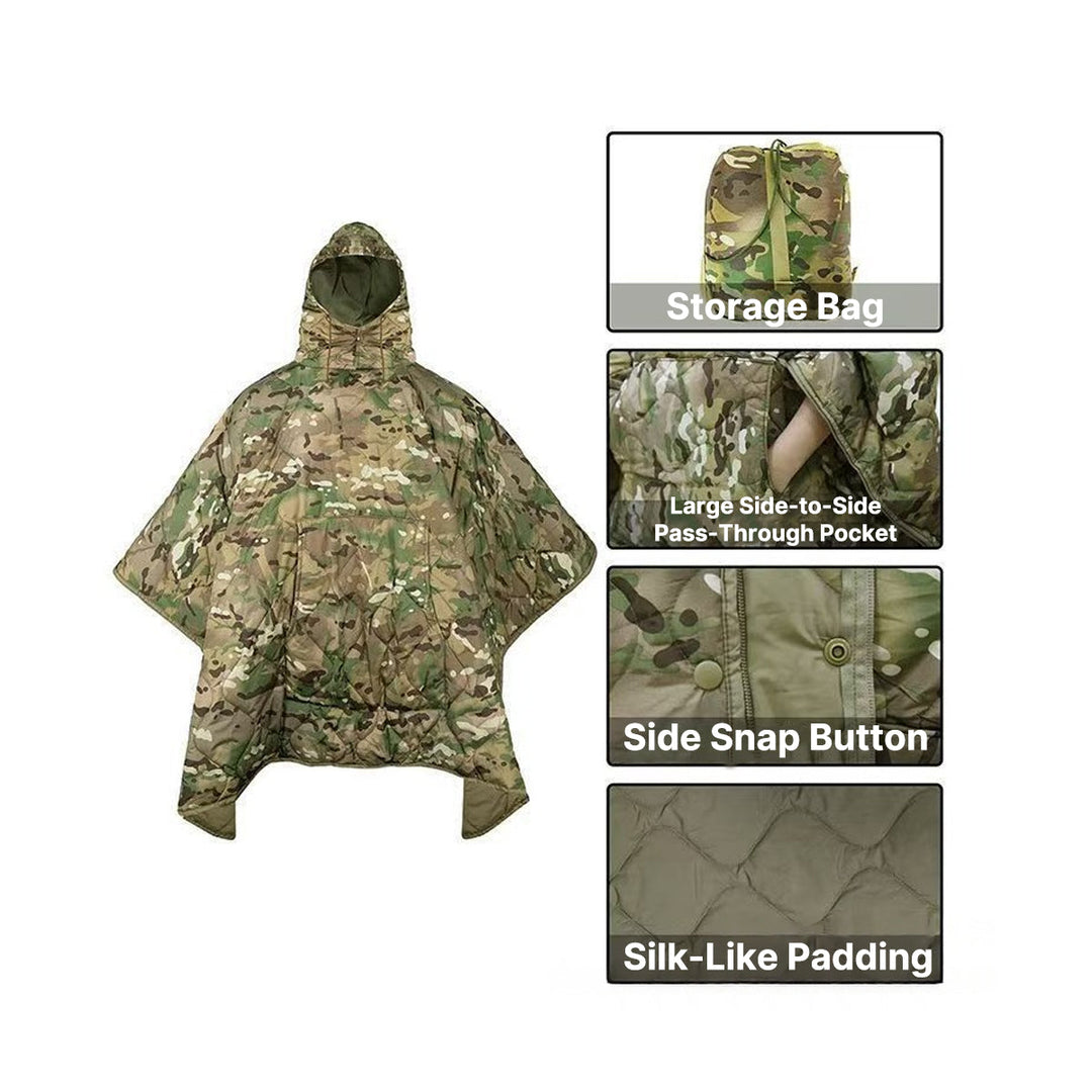 Wearable insulated camouflage poncho for men & women, ideal for cold weather outdoor activities