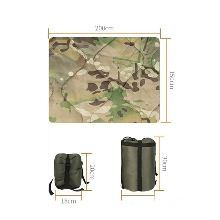 Close-up of insulated camouflage fabric on a unisex cold weather outdoor poncho, packable design