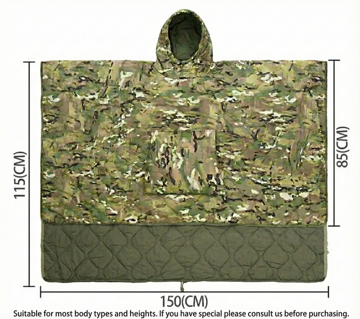 Full shot of someone wearing a camouflage insulated poncho, perfect for outdoor cold weather use