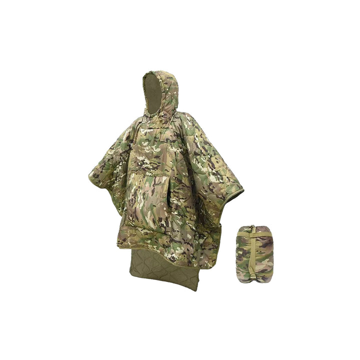 Detail of the neckline and hood on a unisex insulated camouflage poncho for cold weather