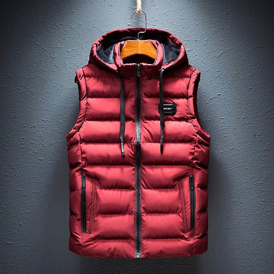Unisex insulated hooded vest with zipper & pockets, perfect for fall/winter layering & casual comfort.