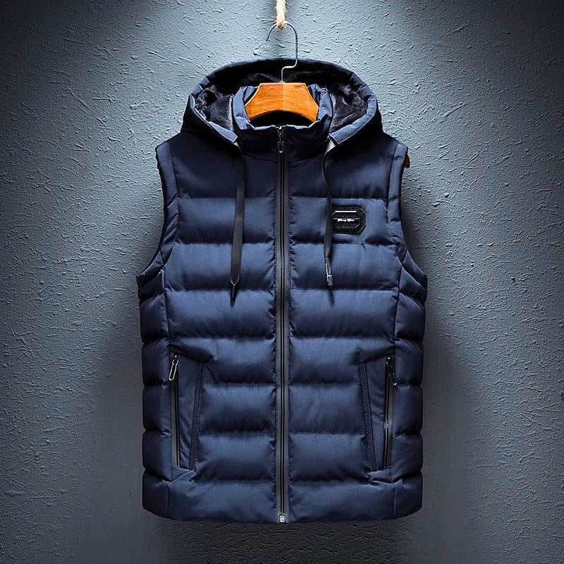 Warm, insulated hooded vest; unisex design with zipper & pockets. Great for fall/winter casual layering.
