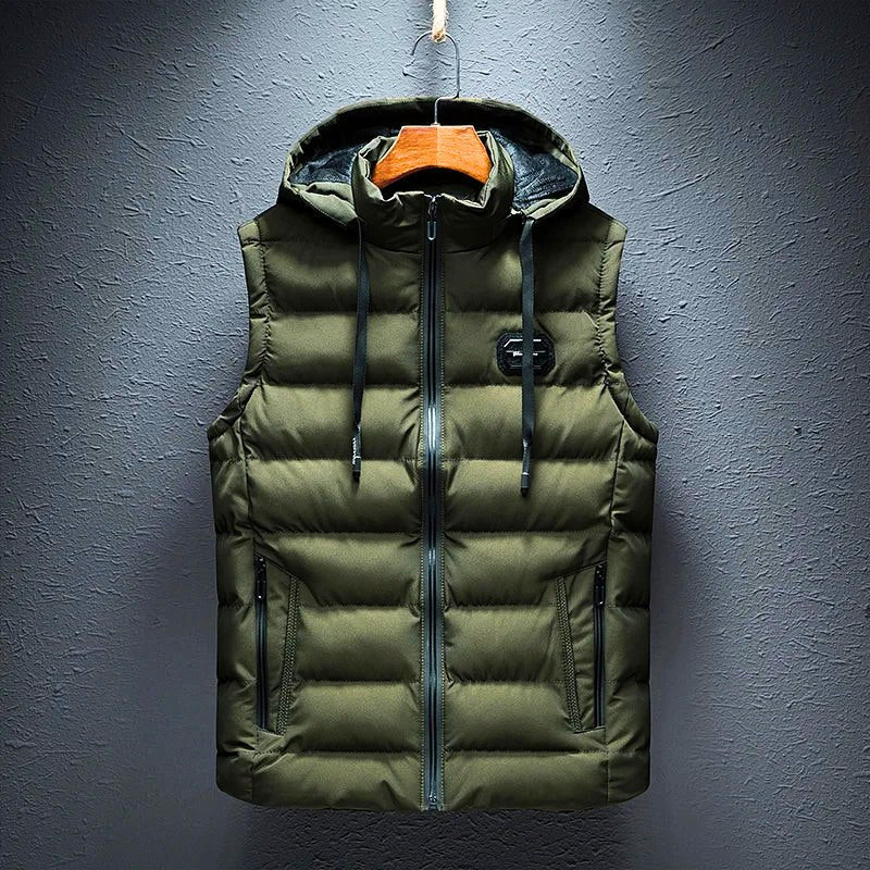 Comfortable unisex padded hooded vest, ideal for casual layering. Features zipper & pockets for fall/winter.