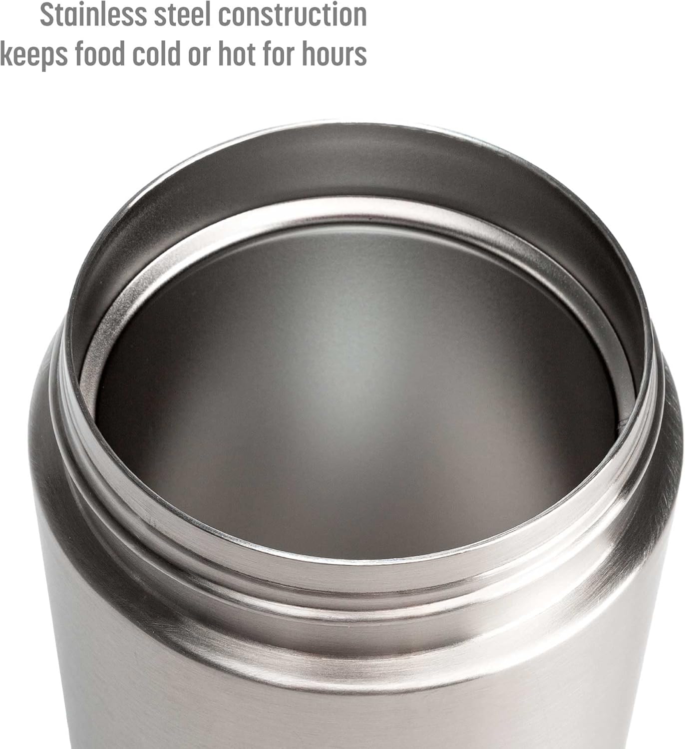 Stainless steel food warmer container with insulation and a handle, keeps food hot for hours.