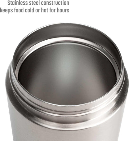 Stainless steel food warmer container with insulation and a handle, keeps food hot for hours.
