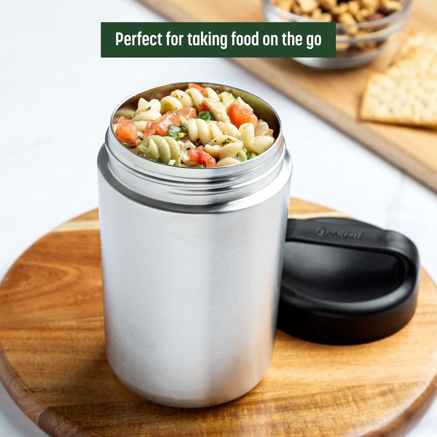 Portable insulated food jar with handle, perfect for meal prep & carrying hot or cold snacks.