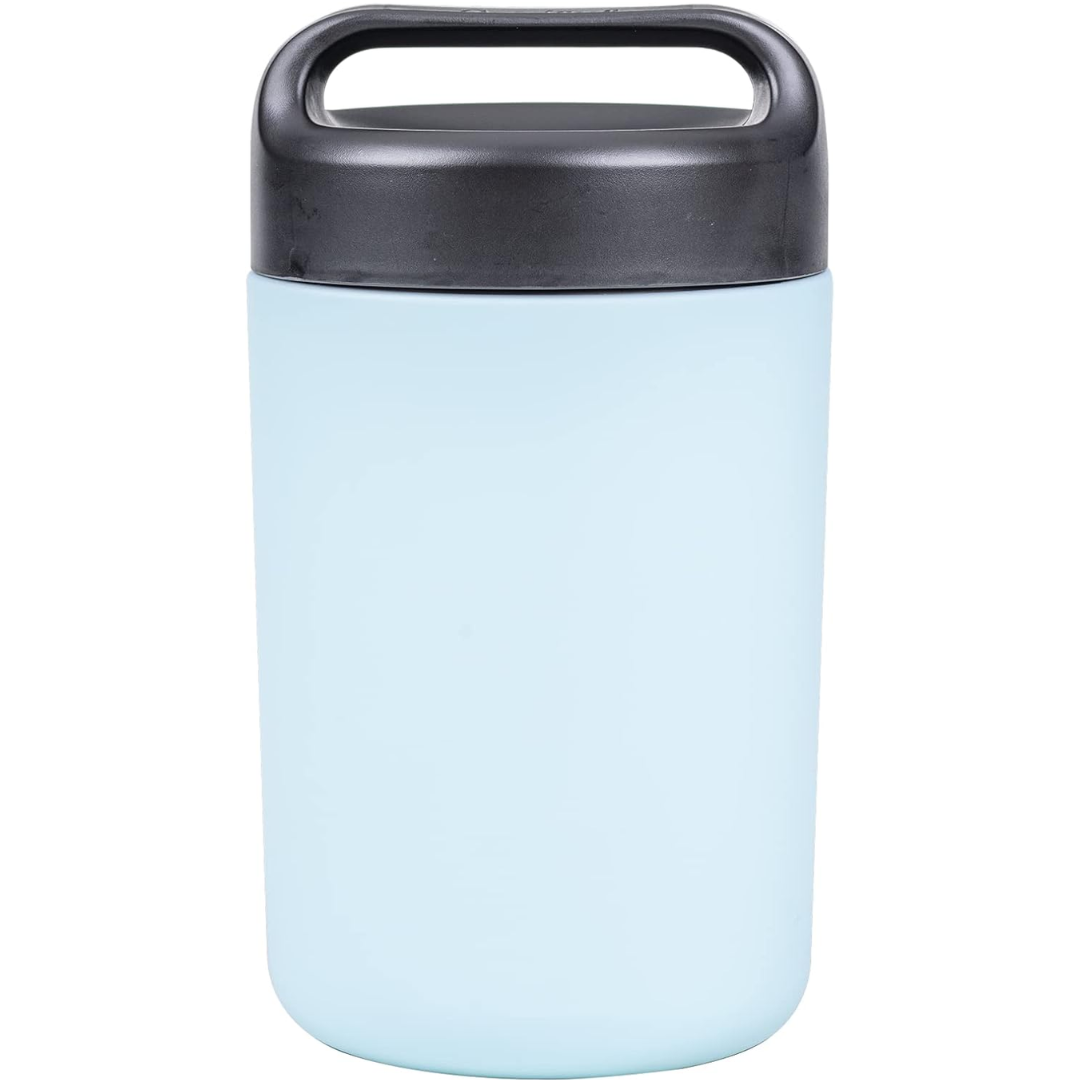 Leakproof stainless steel food container (WarmCarry), insulated for hot/cold food, with a sturdy handle.