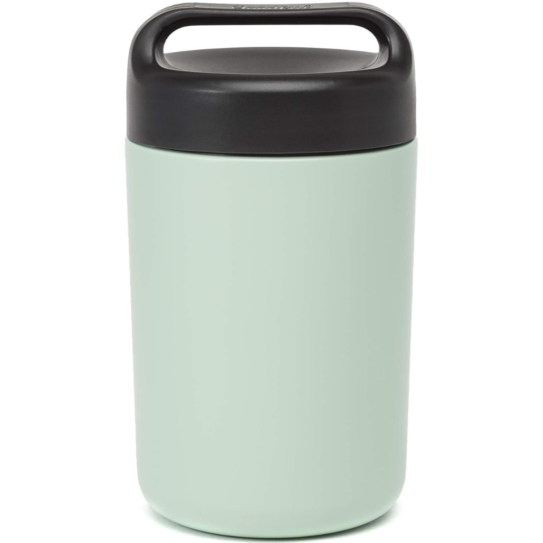 Unisex insulated food thermos, stainless steel construction, with a handle for easy transport of meals.