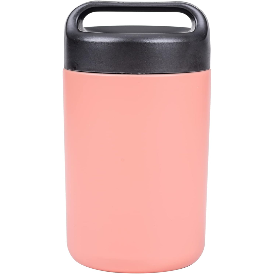 Durable stainless steel food container, insulated for hot/cold meals, with a convenient handle.