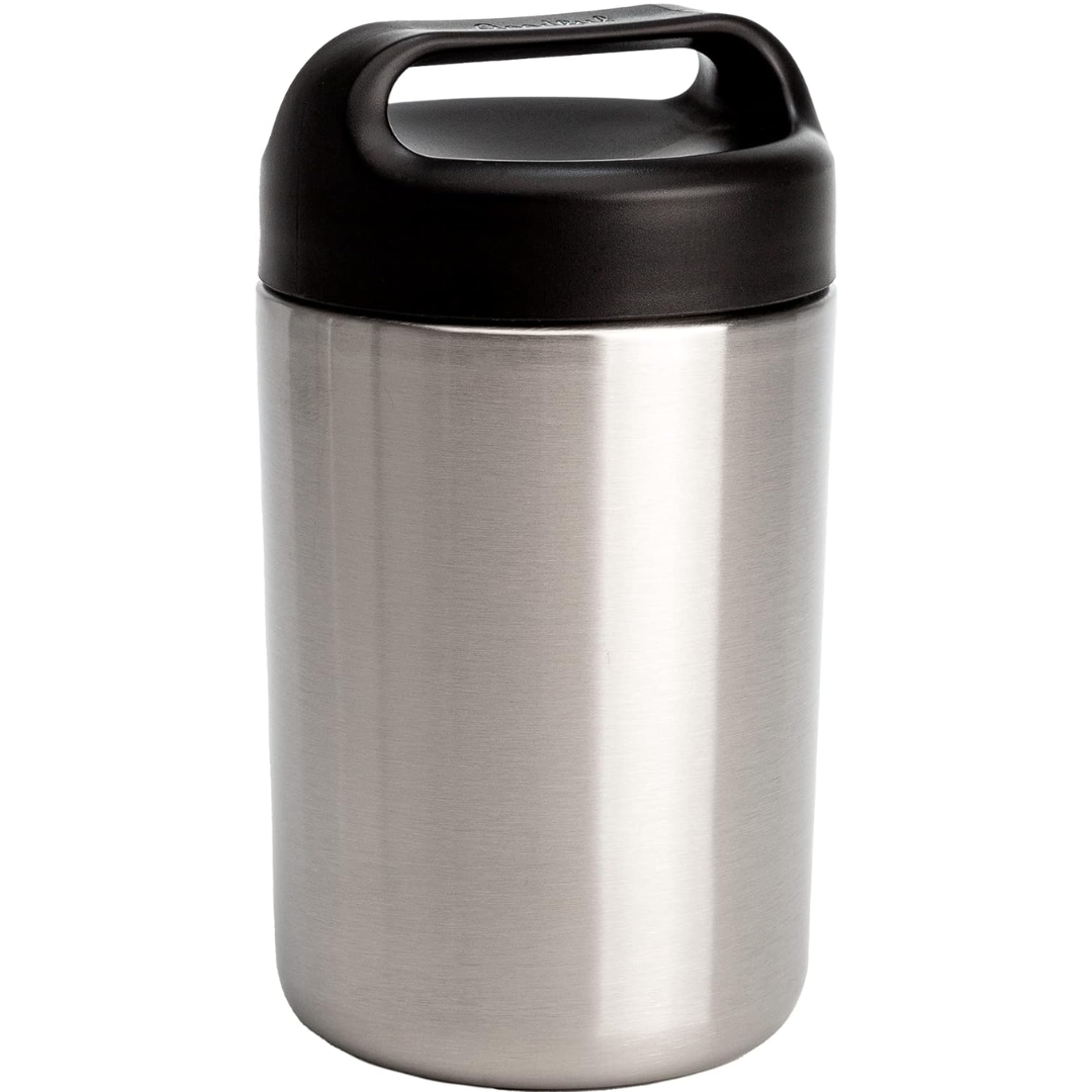 Portable stainless steel food jar, insulated for keeping hot food warm or cold food cool, with handle.