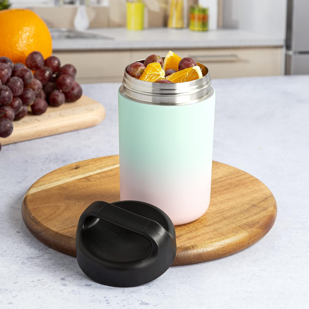 Insulated food jar (WarmCarry) for carrying hot or cold food, made of stainless steel with handle.