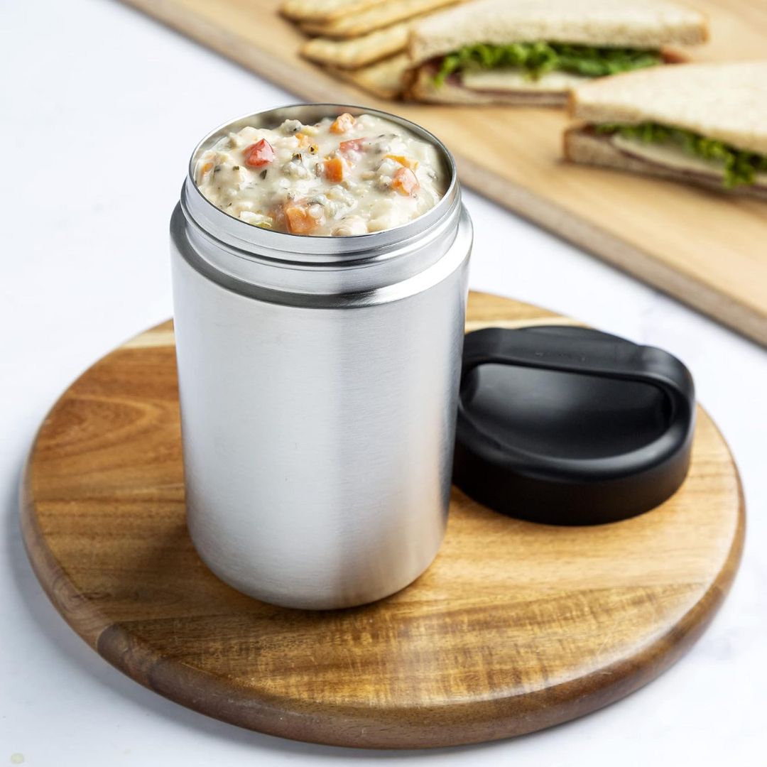Leakproof stainless steel insulated food container for portable hot food & cold food, with sturdy handle.