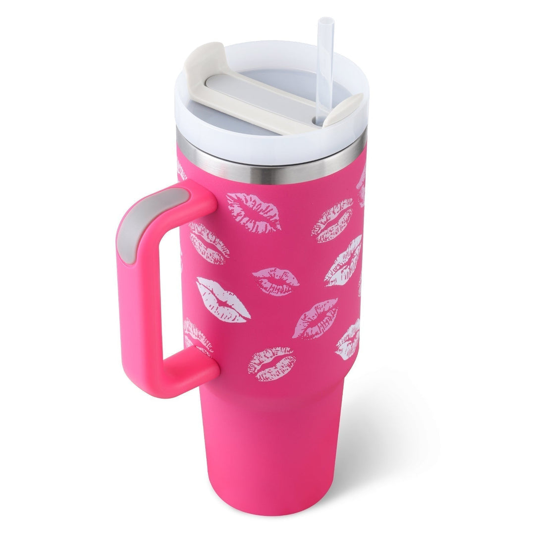 Unisex insulated travel mug with handle & straw for coffee, tea, or water. Keep drinks hot or cold.