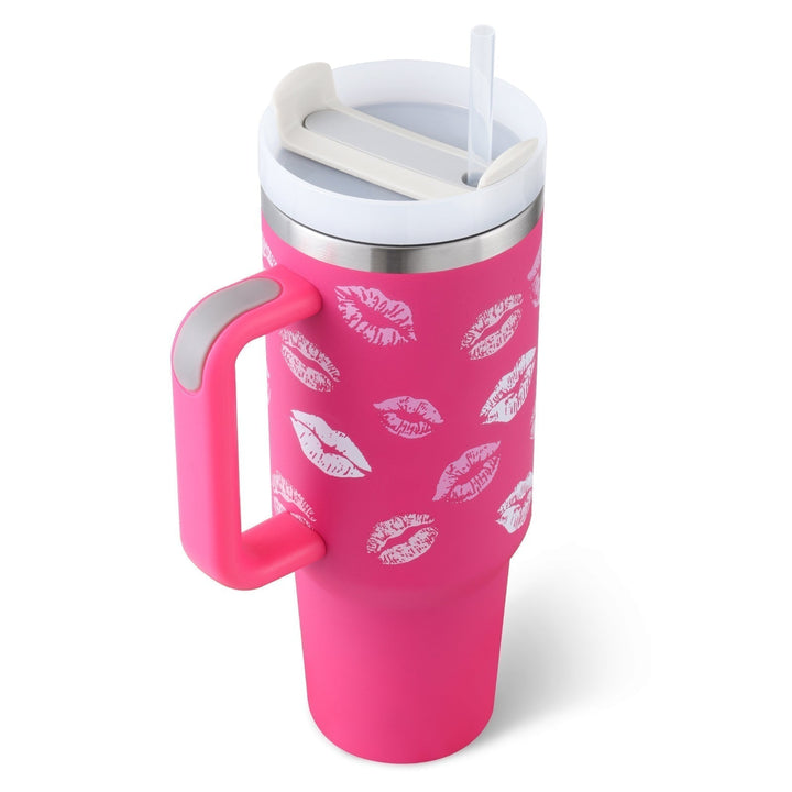 Unisex insulated travel mug with handle & straw for coffee, tea, or water. Keep drinks hot or cold.