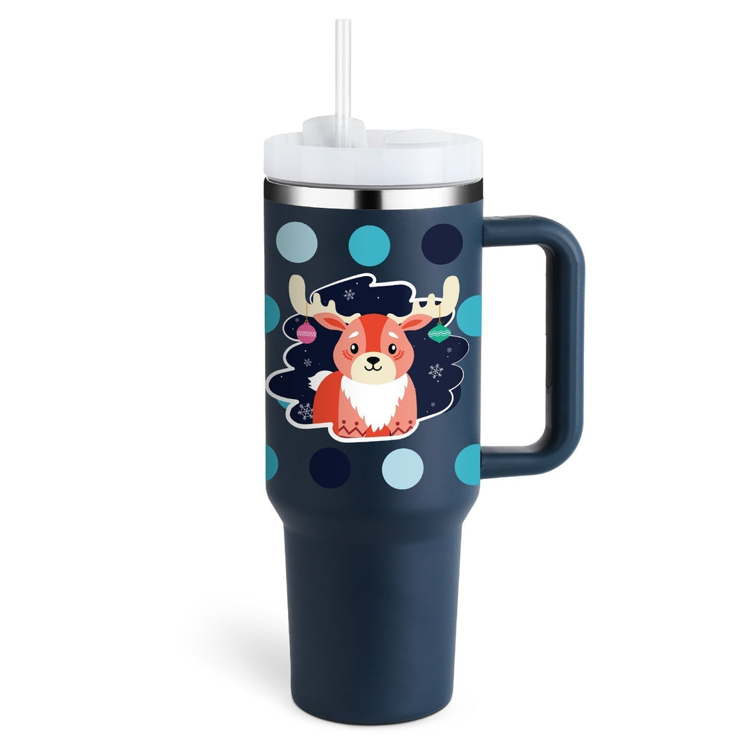 Portable insulated water bottle & coffee tumbler. Features a practical handle and sip straw.
