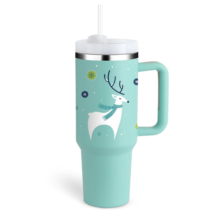 Large capacity insulated drinkware, suitable for travel. Includes handle & straw for convenience.