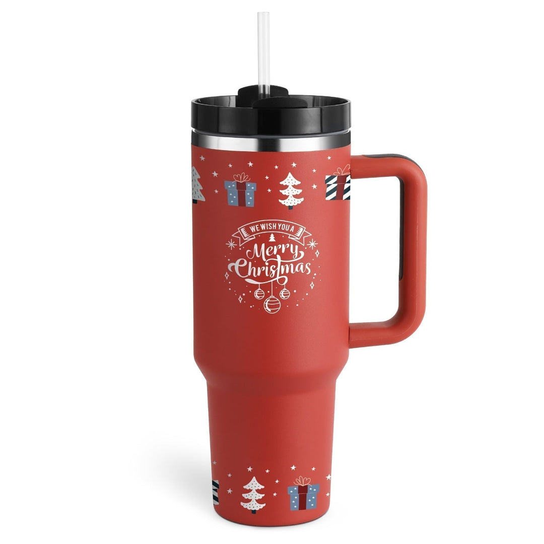 Reusable insulated travel mug for coffee, tea, and water. Comes with a handle & a built-in straw.