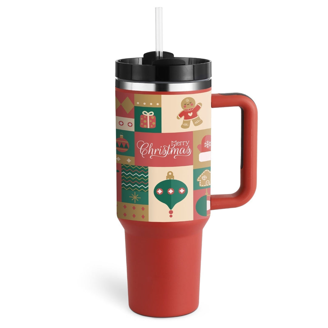 Unisex insulated tumbler with handle and straw. Keeps beverages perfectly chilled or piping hot.