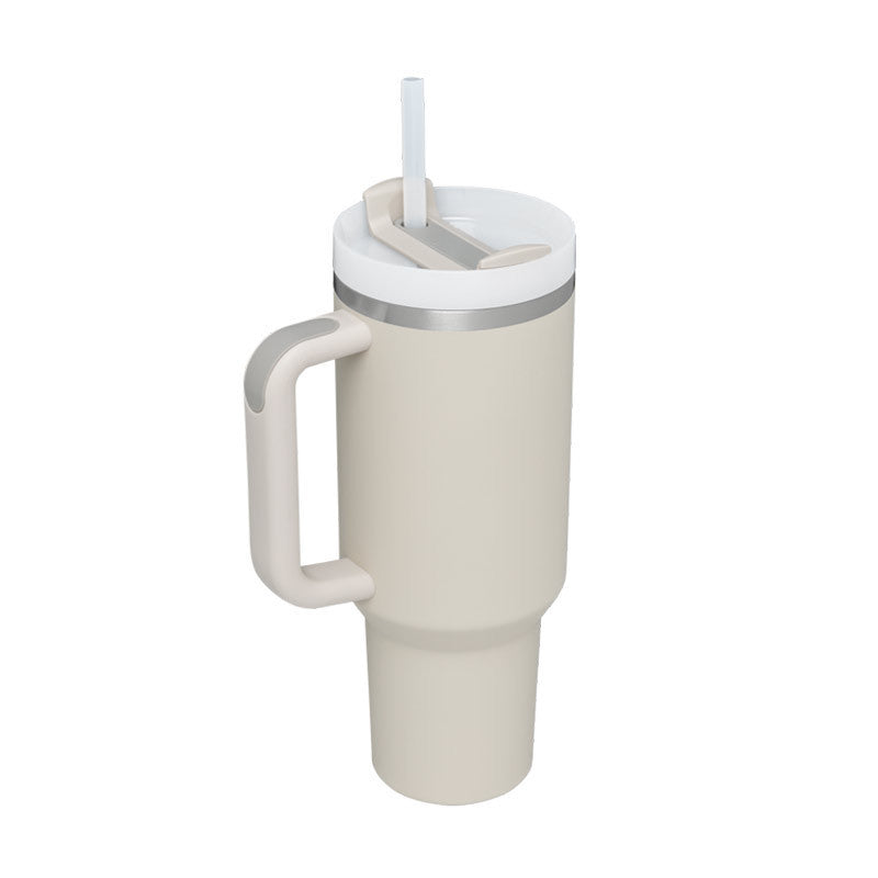 Insulated coffee/tea travel mug with handle & reusable straw. Perfect for commuters and travelers.