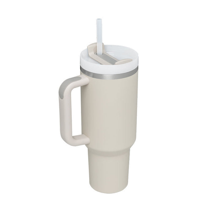 Insulated coffee/tea travel mug with handle & reusable straw. Perfect for commuters and travelers.