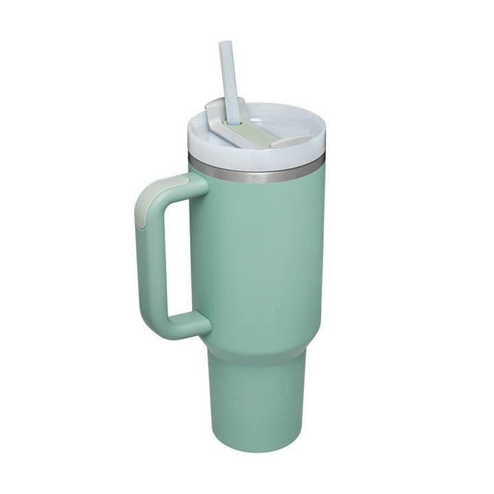 Portable insulated drinkware: tumbler with handle & straw. Great for office, gym, or outdoor use.
