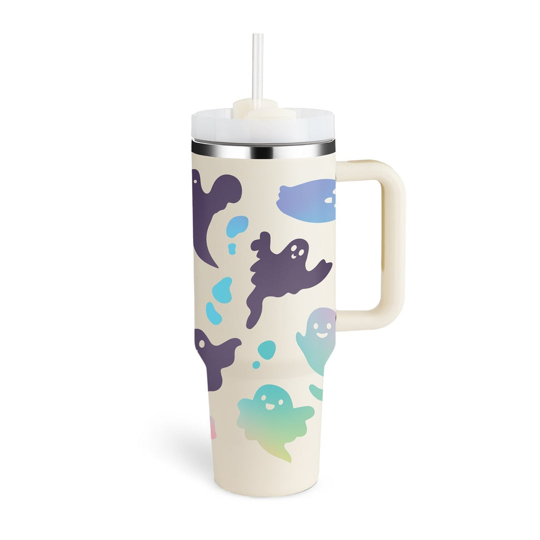 ChillMate insulated travel mug, designed for versatility. Handle & straw make it perfect for any drink.