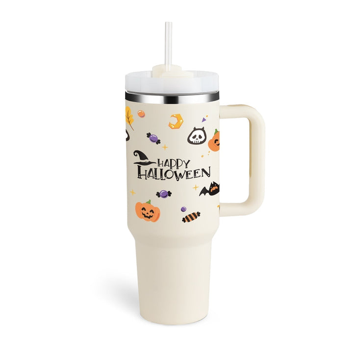 Insulated coffee cup, large capacity, with handle and straw. Ideal for travel or daily use.
