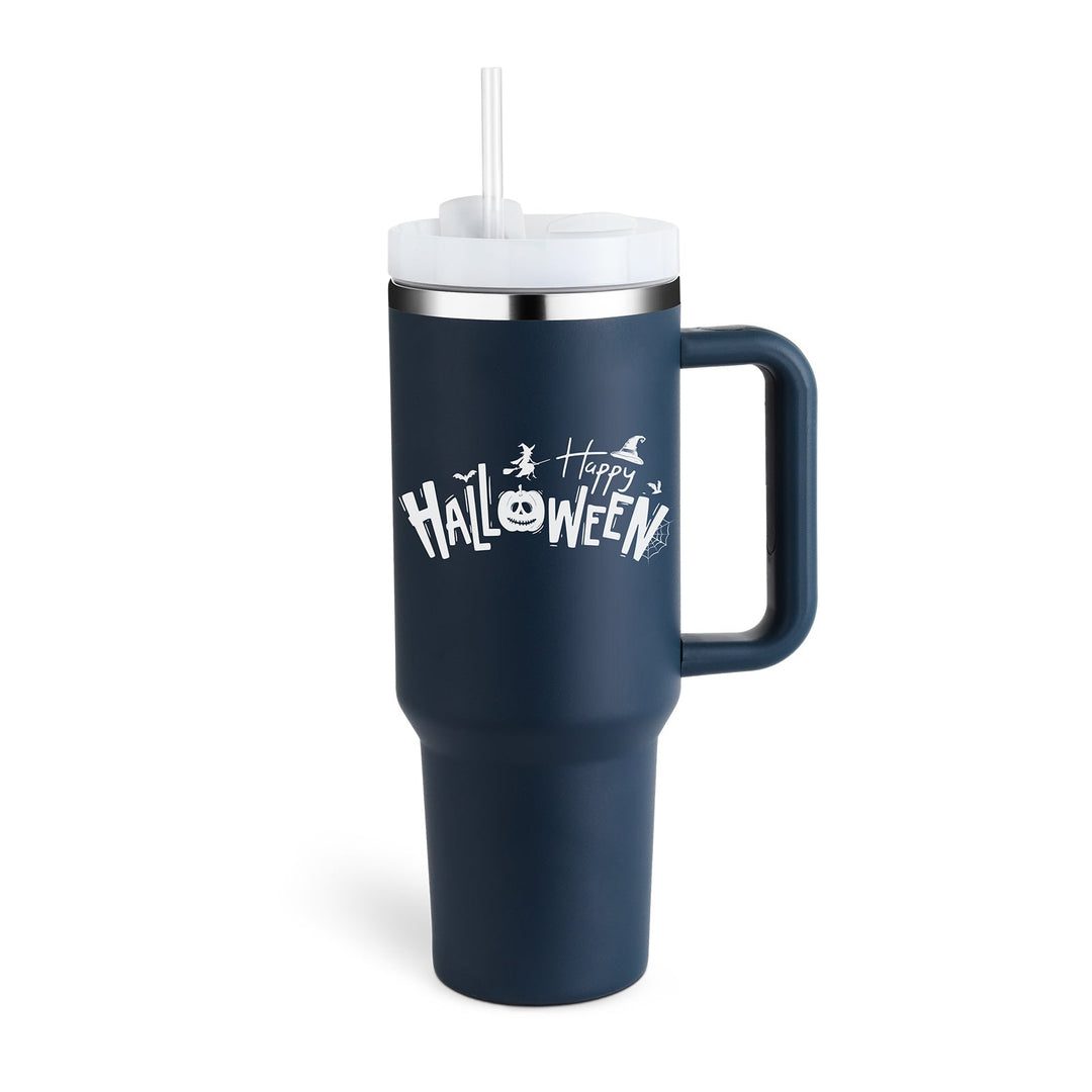 Reusable insulated drinkware: travel mug with handle & straw for superior temperature retention.