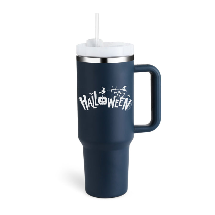 Reusable insulated drinkware: travel mug with handle & straw for superior temperature retention.