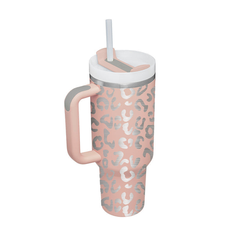 Unisex insulated travel mug for hot coffee or cold water. Features a sturdy handle and drinking straw.