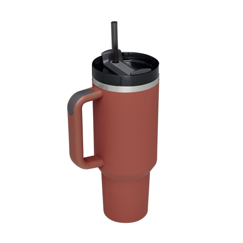 Unisex insulated travel mug; perfect for coffee, tea, or water. Features a handle & convenient straw.