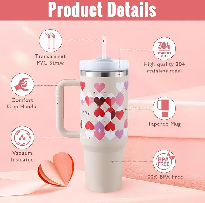 Reusable travel coffee mug with a convenient handle and integrated straw. Great for daily hydration.